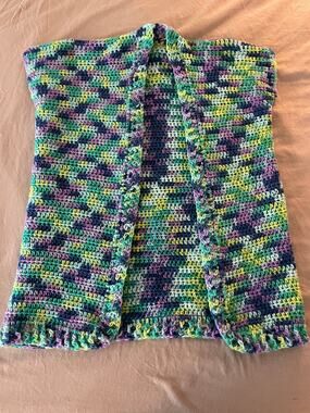 Open Front Handmade Crochet Sweater Vest Multi Color Blues and Greens